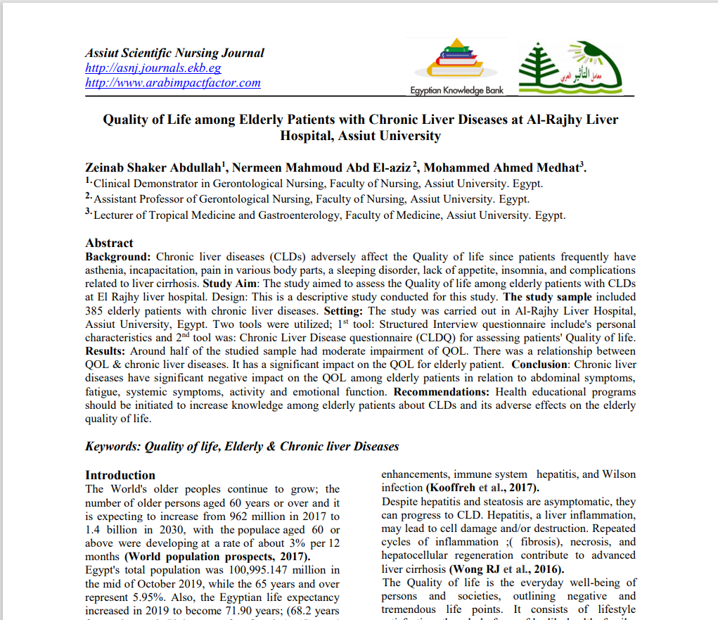 Quality of Life among Elderly Patients with Chronic Liver Diseases at Al-Rajhy Liver  Hospital, Assiut University