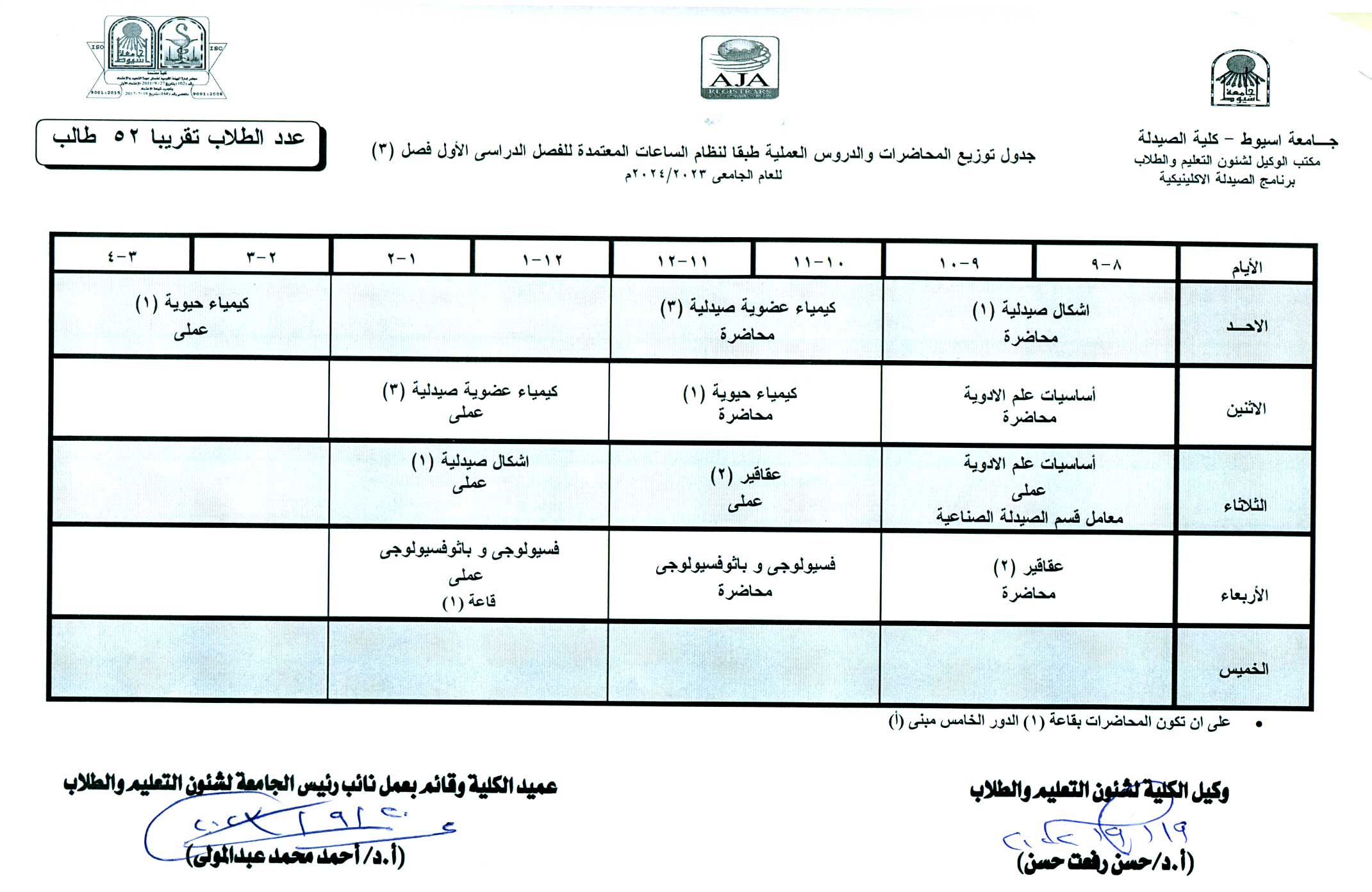 جدول توزيع المحاضرات والدروس العملية طبقا لنظام الساعات المعتمدة فارم دى (برنامج الصيدلة الاكلينيكية) للفصل الدراسى الأول  للعام الجامعى 2024/2023م