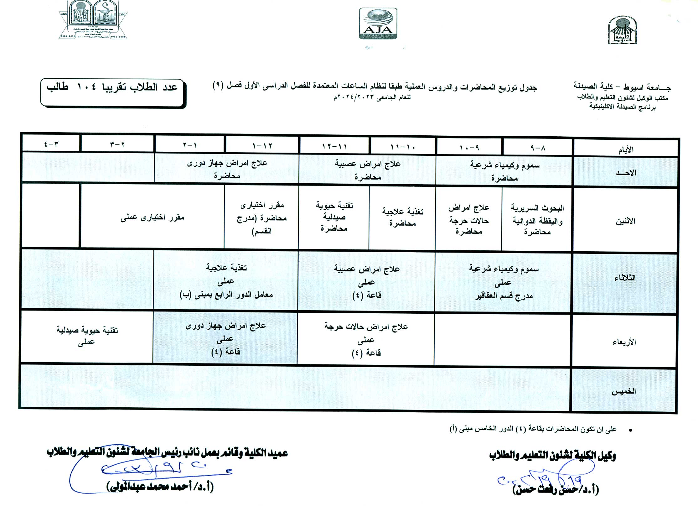 جدول توزيع المحاضرات والدروس العملية طبقا لنظام الساعات المعتمدة فارم دى (برنامج الصيدلة الاكلينيكية) للفصل الدراسى الأول  للعام الجامعى 2024/2023م