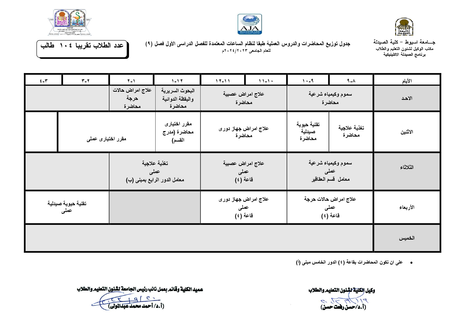 (تعديل) جدول توزيع المحاضرات والدروس العملية طبقا لنظام الساعات المعتمدة فارم دى (برنامج الصيدلة الاكلينيكية) للفصل الدراسى الأول  للعام الجامعى 2024/2023م