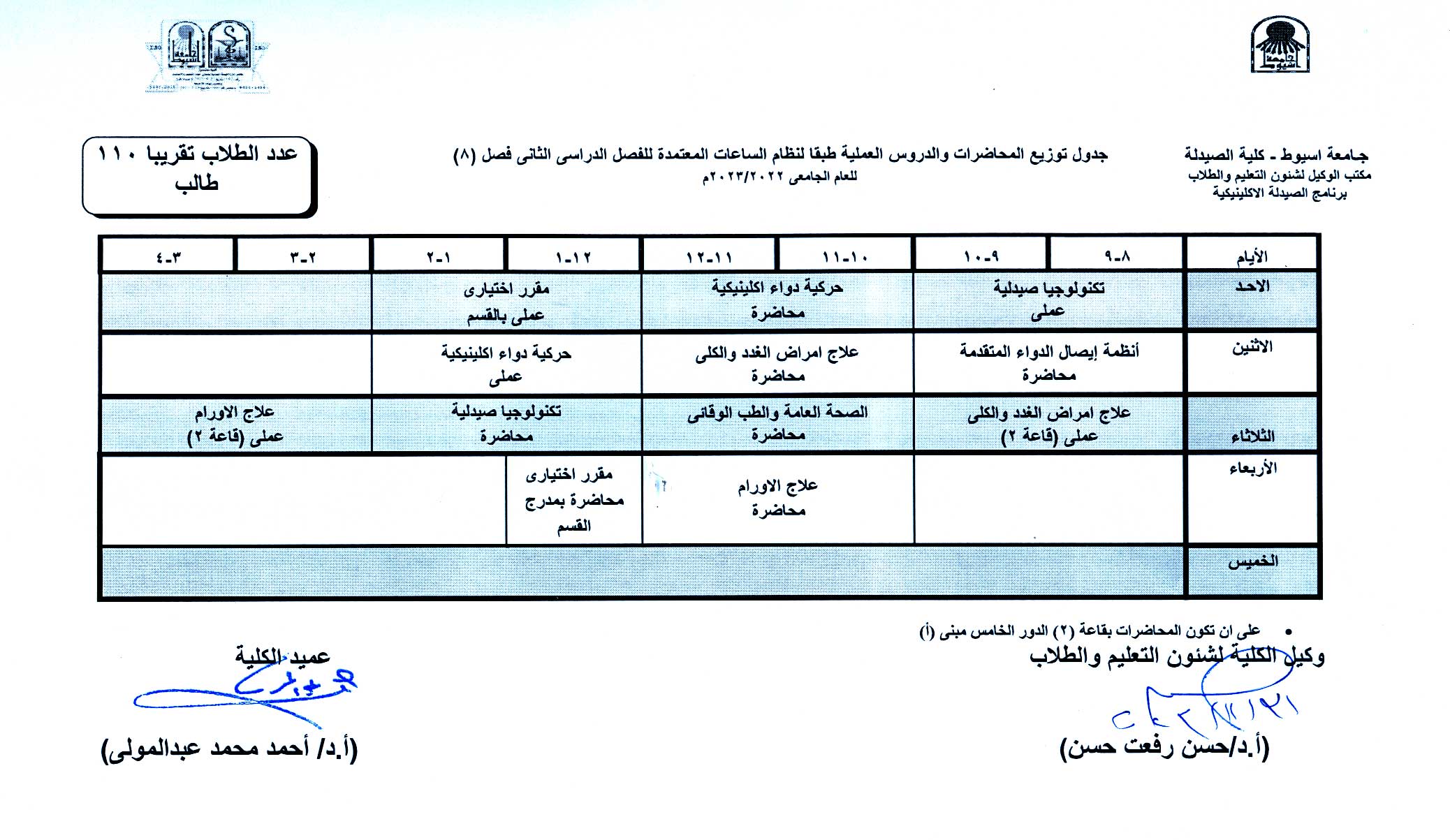 جدول توزيع المحاضرات والدروس العملية طبقا لنظام الساعات المعتمدة برنامج الصيدلة الاكلينيكية الفصل الدراسى الثانى للعام الجامعى 2022/2023م
