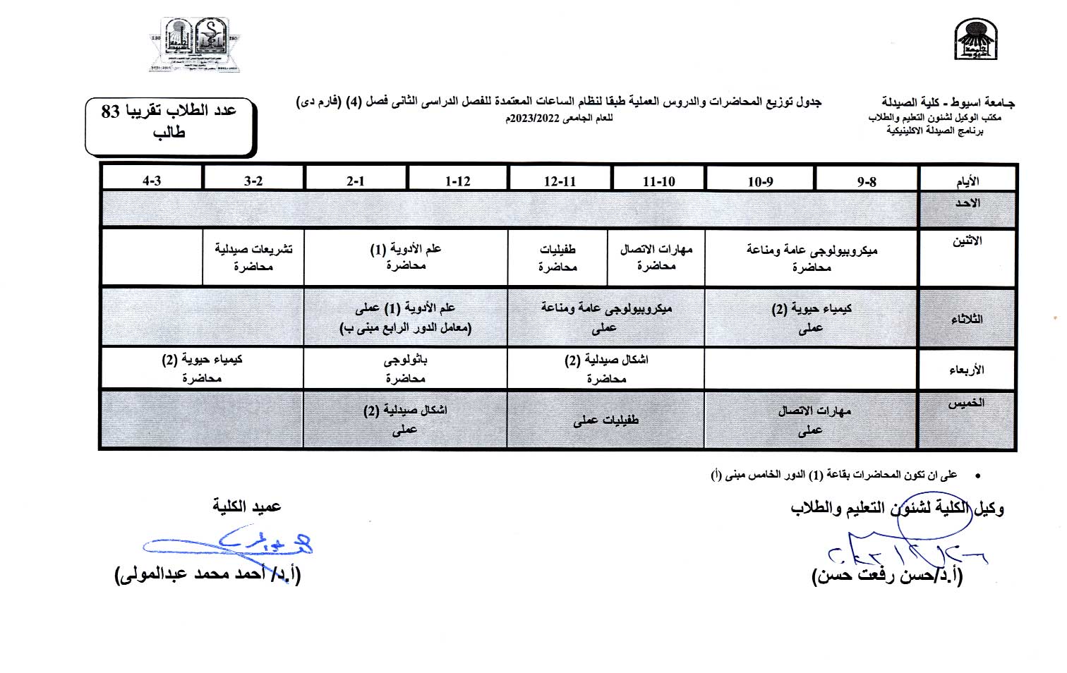 جدول توزيع المحاضرات والدروس العملية طبقا لنظام الساعات المعتمدة برنامج الصيدلة الاكلينيكية الفصل الدراسى الثانى للعام الجامعى 2023/2022م
