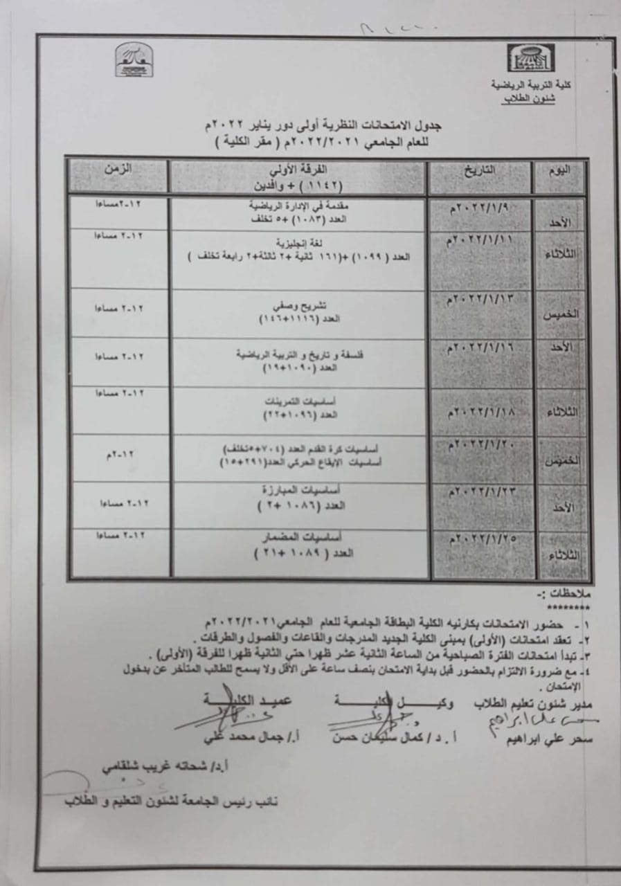 جدول الامتحانات النظرية الفرقة الاولى دور يناير 2022